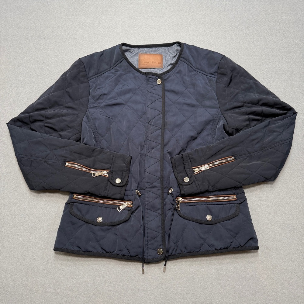 Zara Bomber Jacket Womens XL Blue Argyle Quilted Lined Padded Utility Collarless